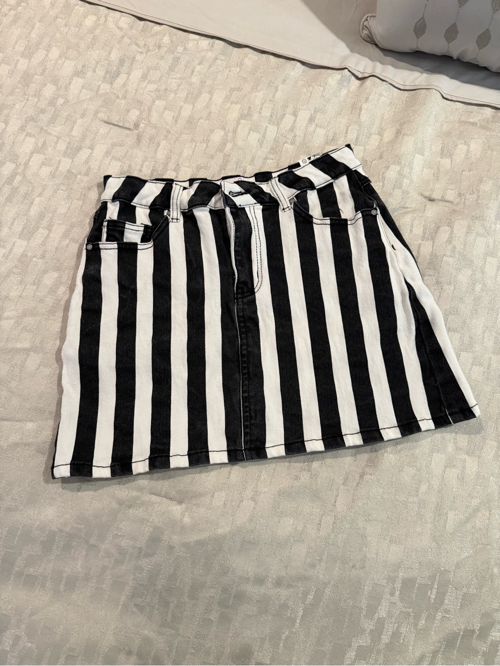 Striped Black & White Denim Mini Skirt